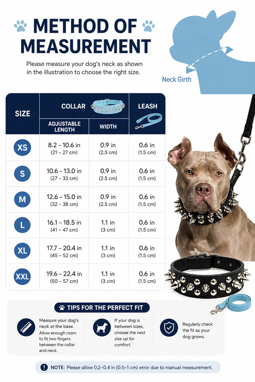 Spiked Faux Dog Collar & Leash Set — Size guide