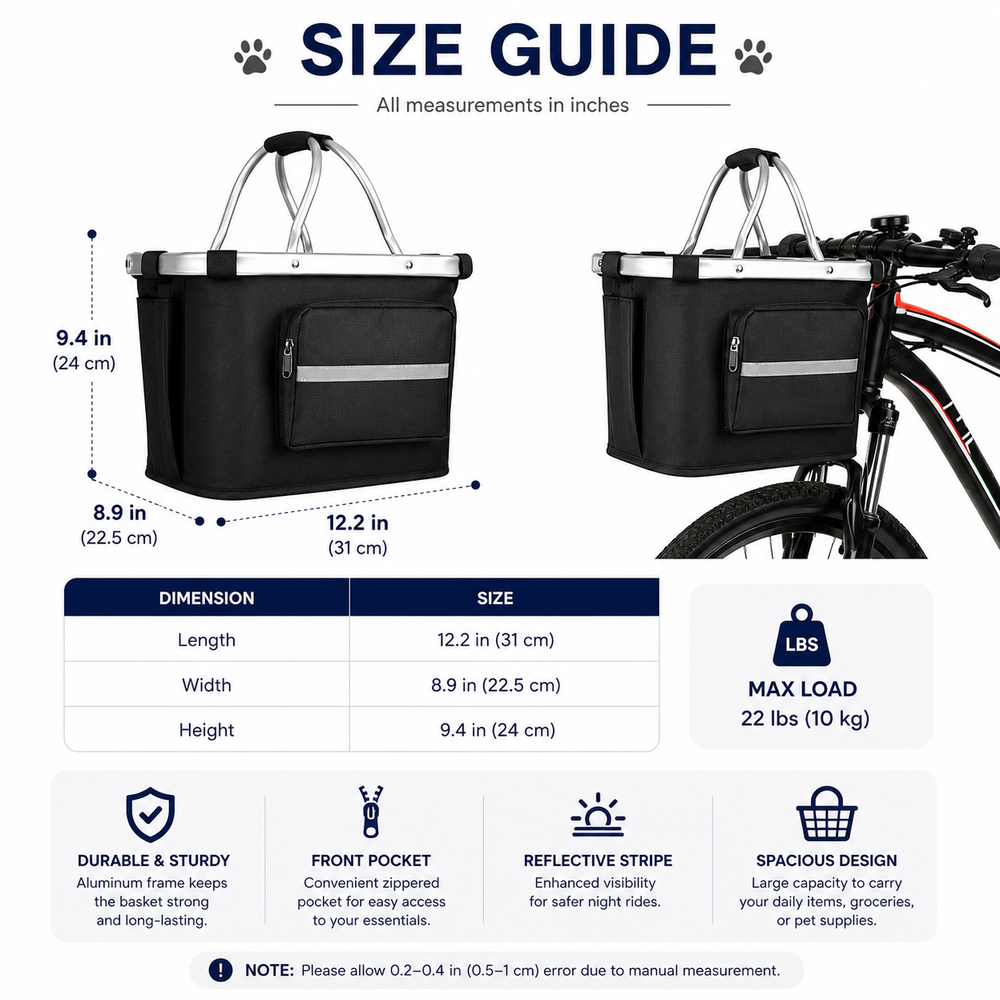 Foldable Dog Bike Basket Carrier for Small Cats and Dogs — Size guide