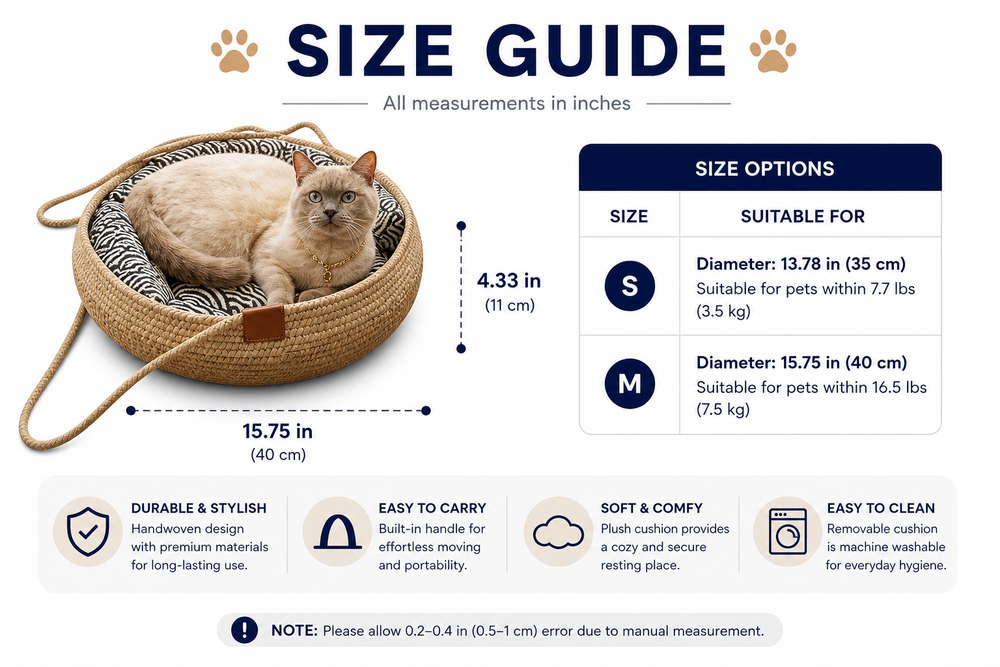 Round Woven Rattan Cat Bed Basket with Cushion — Size guide