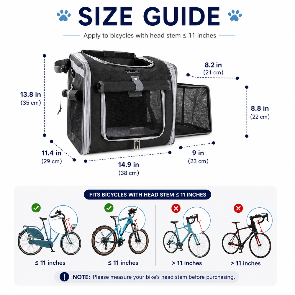Expandable Dog Bike Basket Carrier for Small Pets — Size guide