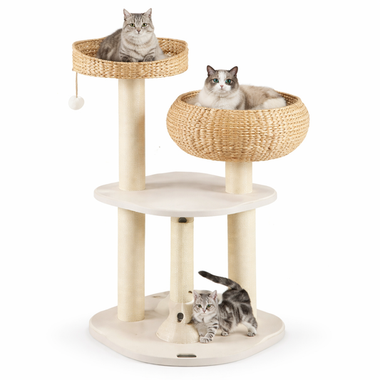 Modern Wooden Cat Tree Tower - Natural Cat Condo with Perch & Scratching Posts