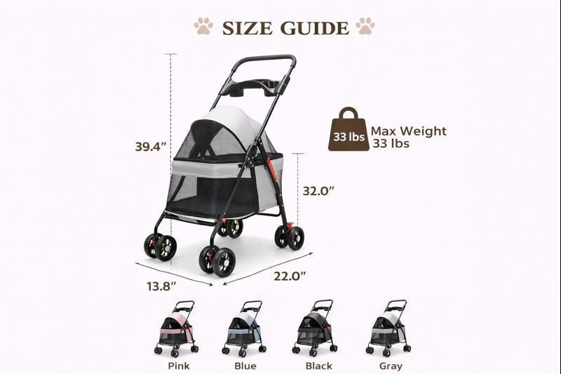 Foldable Lightweight Pet Stroller for Dogs & Cats — Size guide